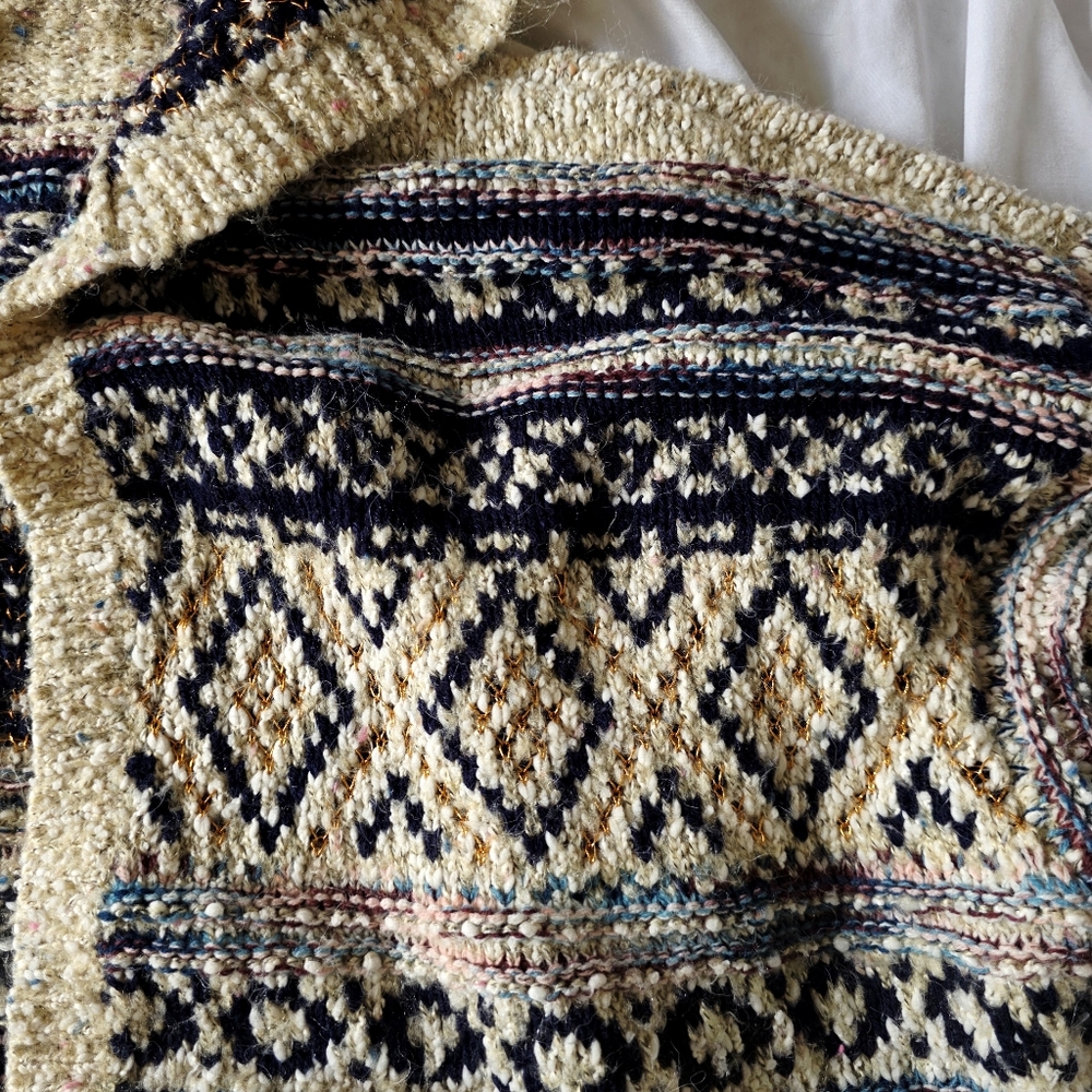 Adyson Parker Boho Knit Hooded Sweater Poncho Cardigan Cream Blue Gold, 2X - Picture 6 of 8